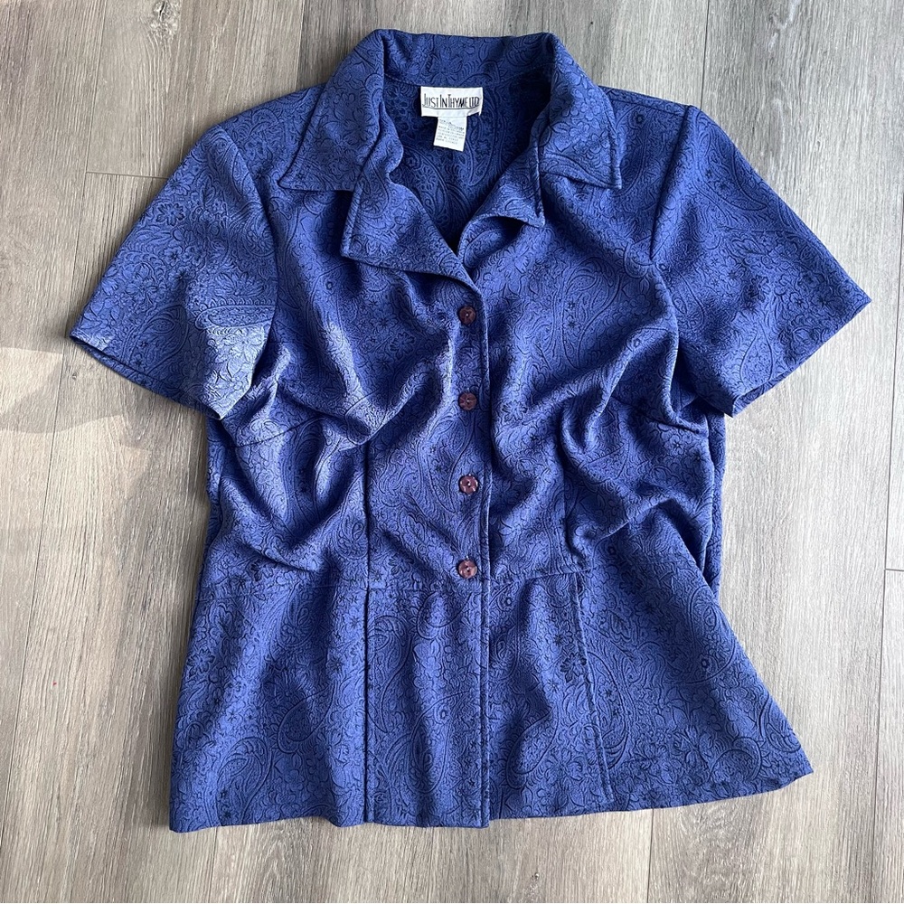Just In Thyme Blue Paisley Jacquard Blouse Size 14 Vintage Button Front Top